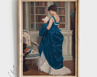 Victorian Woman Reading in a Library | Antique Library Prints | Vintage Book Lover Prints for Library Wall Decor | Classic Reader Painting