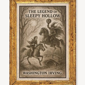 Peut inclure: Une impression encadr&eacute;e de "La L&eacute;gende de Sleepy Hollow" de Washington Irving. L'&oelig;uvre s&eacute;pia repr&eacute;sente un cavalier sans t&ecirc;te poursuivant un cavalier &agrave; cheval, avec un pont et des arbres. Le cadre est dor&eacute;.