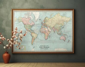 ヴィンテージ世界地図イラストプリント | アンティーク壁装飾 | 古地図