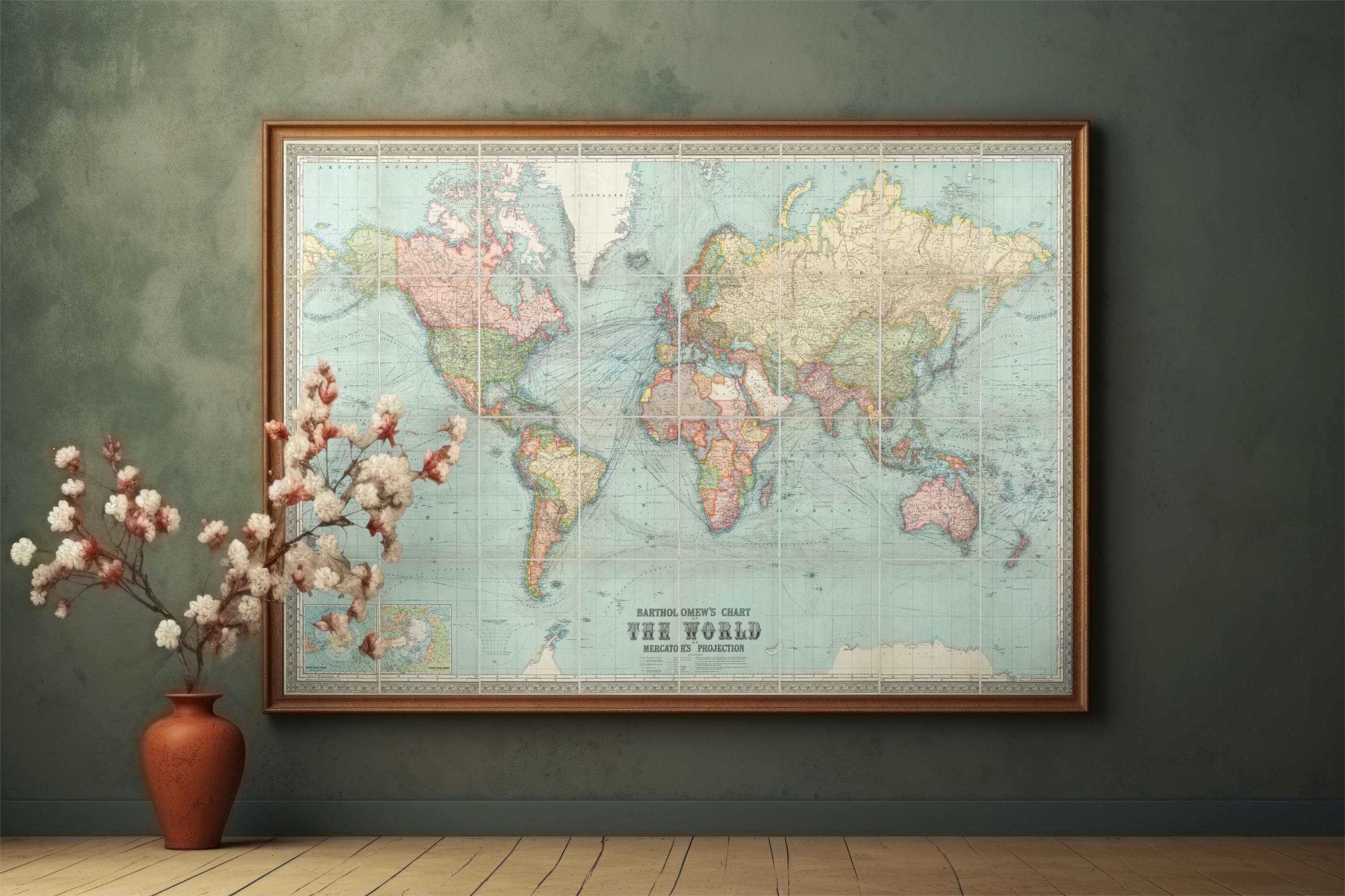 ヴィンテージ世界地図イラストプリント | アンティーク壁装飾 | 古地図