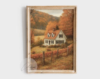 Autumn Cottage Print | Vintage Fall Farmhouse Landscape Wall Art | Cozy Country House Rustic Autumn Home Decor