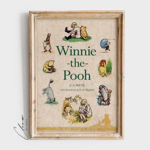 Kubuś Puchatek Okładka książki Sztuka Wydruk | Książkowy prezent dla mola książkowego | Vintage Digital Printable | Klasyczna sztuka dla miłośników książek | Dekoracja ścienna do pokoju dziecięcego