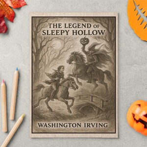 Peut inclure: Une impression s&eacute;pia de "La L&eacute;gende de Sleepy Hollow" de Washington Irving. L'illustration repr&eacute;sente un cavalier sans t&ecirc;te &agrave; cheval poursuivant un autre cavalier. L'image est entour&eacute;e de d&eacute;corations sur le th&egrave;me de l'automne, dont des feuilles et une citrouille.