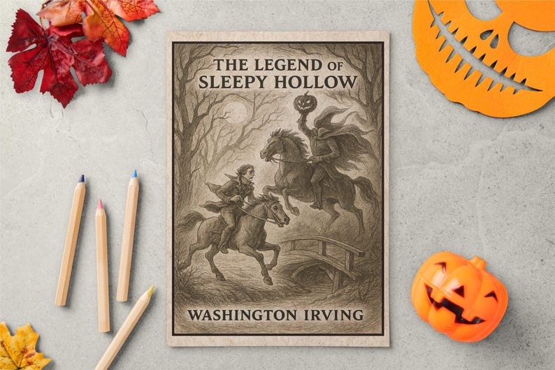 Peut inclure: Une impression s&eacute;pia de "La L&eacute;gende de Sleepy Hollow" de Washington Irving. L'illustration repr&eacute;sente un cavalier sans t&ecirc;te &agrave; cheval poursuivant un autre cavalier. L'image est entour&eacute;e de d&eacute;corations sur le th&egrave;me de l'automne, dont des feuilles et une citrouille.