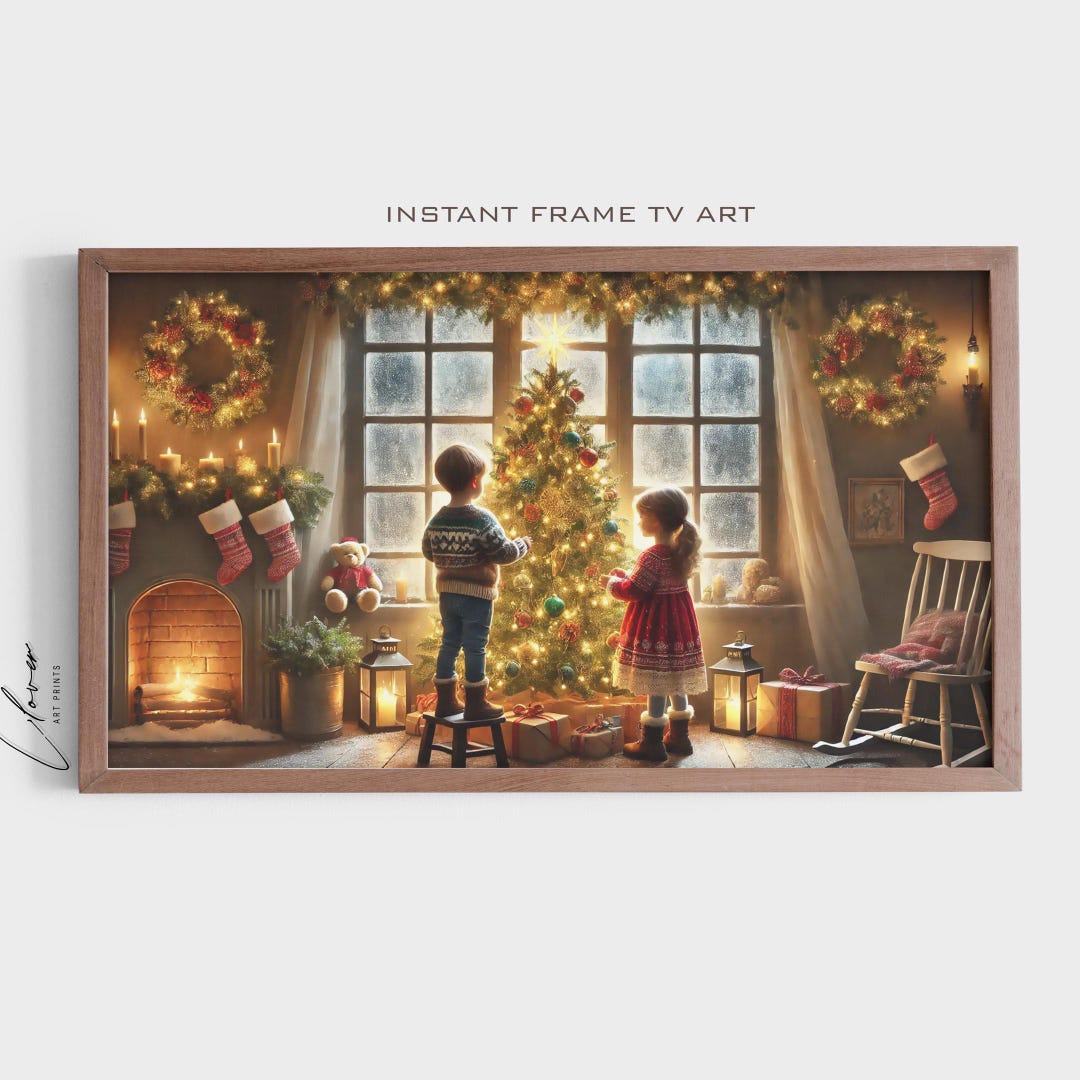 Cornice per albero di Natale decorata con graziosi e accoglienti bambini, arte per la TV, decorazioni natalizie, dipinti vintage sempreverdi per le vacanze di Natale, salvaschermo antico - Italia