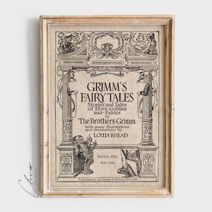 May include: Black and white illustration of a book cover for "Grimm's Fairy Tales" by The Brothers Grimm with illustrations by Louis Rhead. The cover features a decorative border with a title banner and a whimsical illustration of two figures.