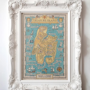 May include: A vintage-style map of Treasure Island, framed in a white ornate frame. The map is printed on paper with a blue background and yellow landmasses. The map includes a compass, a scale, and various landmarks and locations, including "Skull Island", "North Inlet", and "Spyglass Hill".