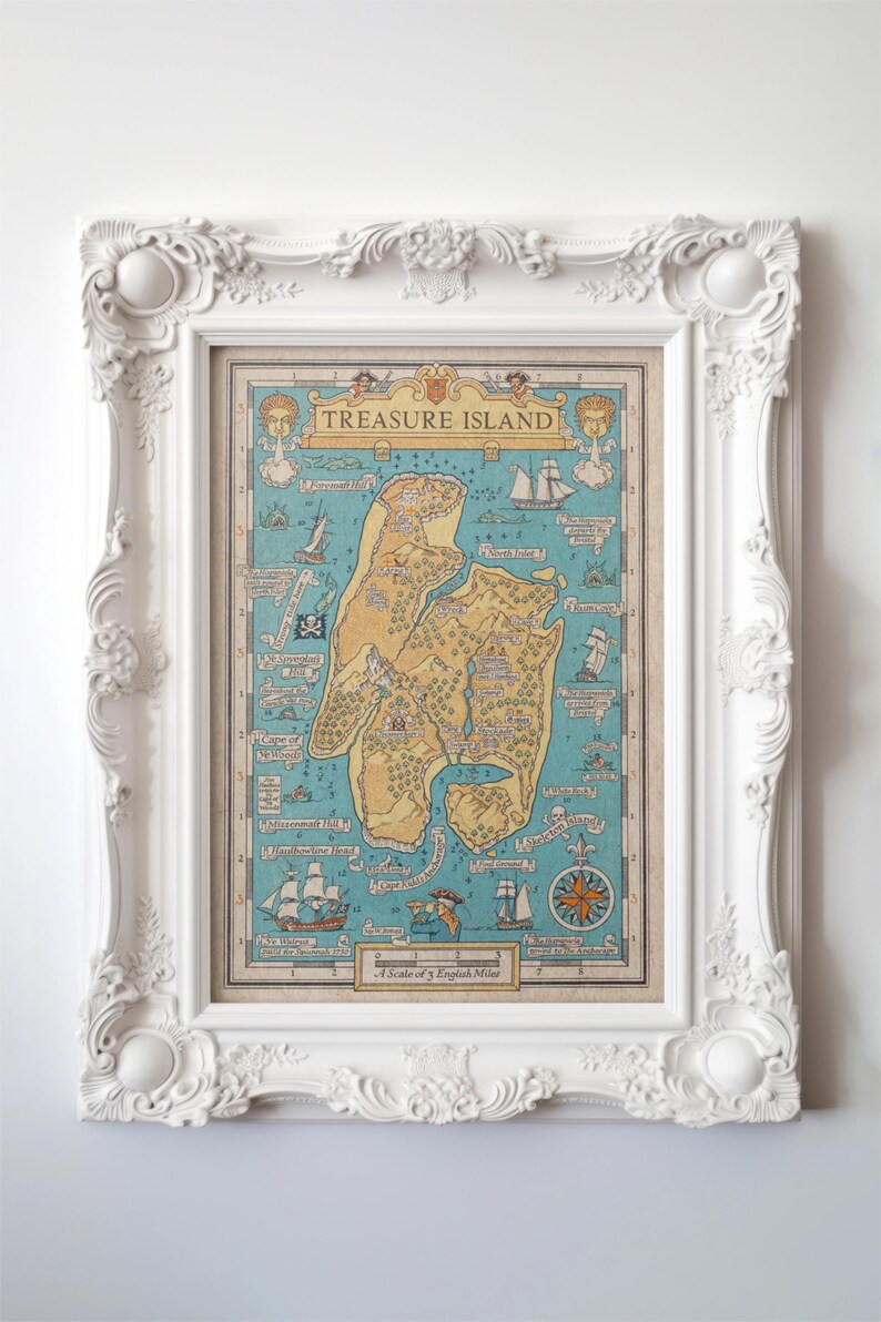 May include: A vintage-style map of Treasure Island, framed in a white ornate frame. The map is printed on paper with a blue background and yellow landmasses. The map includes a compass, a scale, and various landmarks and locations, including "Skull Island", "North Inlet", and "Spyglass Hill".