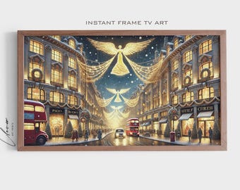 Christmas in London Frame Tv Art, Xmas Decor, Vintage Evergreen Holiday Antique Screensaver, Famous Regent Street Christmas Lights Painting