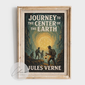 Copertina del libro Viaggio al centro della Terra, stampa artistica – Illustrazione vintage di Jules Verne, poster di letteratura d&#39;avventura classica per Bookworm