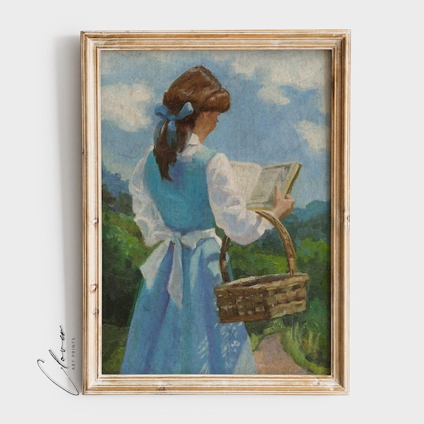 Digitale print voor lezend meisje | Vintage Reader-kunstwerk voor Bookworm | Afdrukbare digitale kunst uit het midden van de eeuw voor boekenliefhebber | Boekachtig cadeau