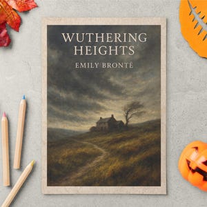 May include: A book cover for "Wuthering Heights" by Emily Bront&euml;, featuring a landscape painting of a house on a hill under a cloudy sky. The image is surrounded by fall-themed decorations, including leaves, pencils, and a jack-o'-lantern.