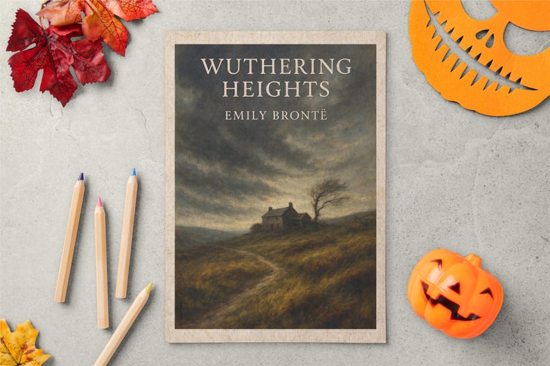 May include: A book cover for "Wuthering Heights" by Emily Bront&euml;, featuring a landscape painting of a house on a hill under a cloudy sky. The image is surrounded by fall-themed decorations, including leaves, pencils, and a jack-o'-lantern.