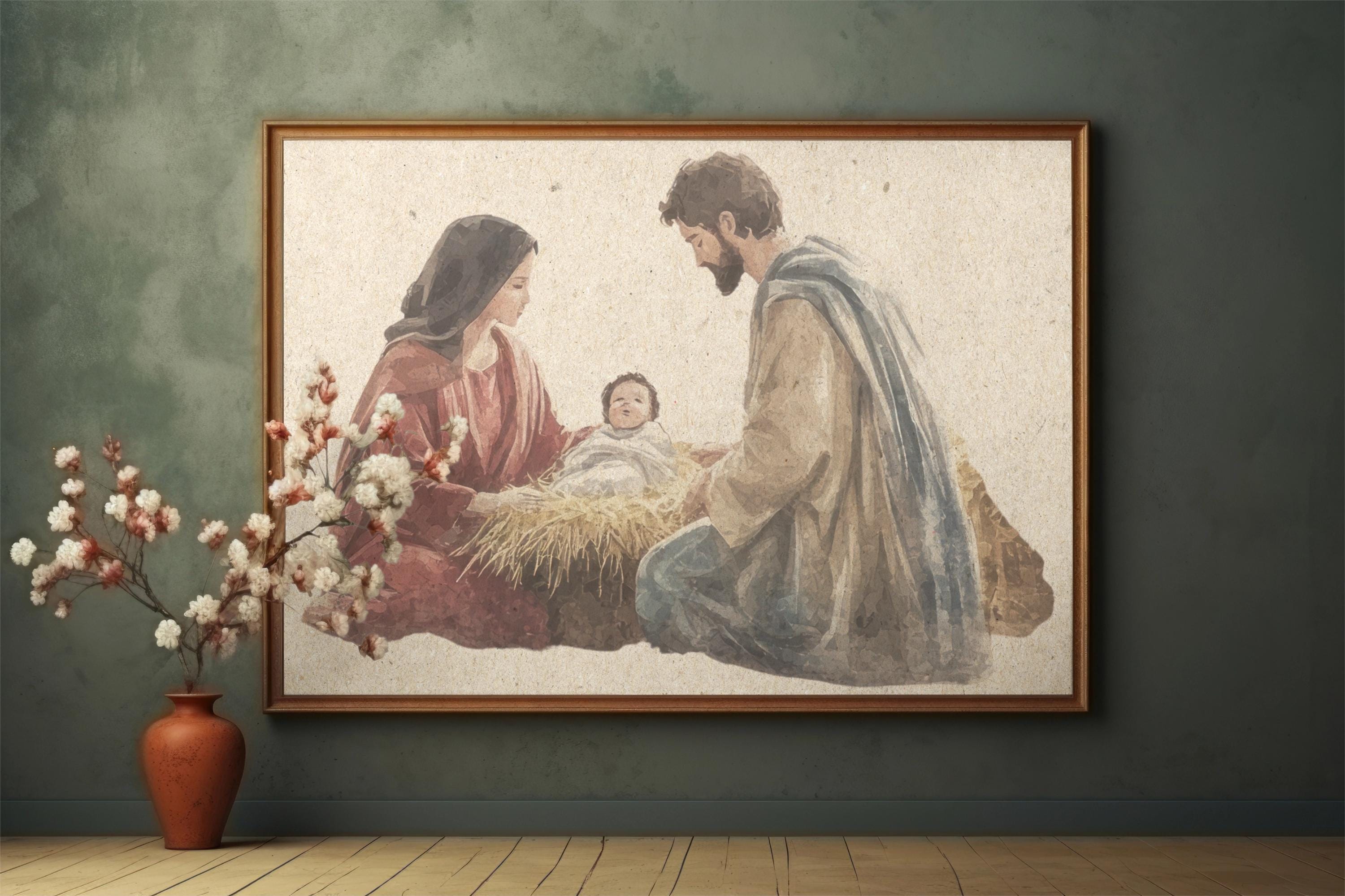 Nativity Scene Art Print, Holy Family Christmas Wall Decor, Mary Joseph ...