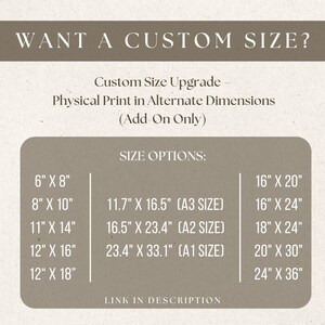 May include: A beige graphic with text offering custom size upgrades for physical prints. Size options are listed in inches, including 6" x 8", 8" x 10", 11" x 14", 12" x 16", 12" x 18", 16" x 20", 16" x 24", 18" x 24", 20" x 30", and 24" x 36".