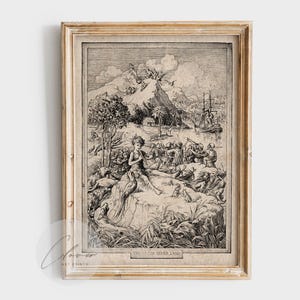 May include: A framed monochrome illustration of a scene from Peter Pan, featuring a central figure surrounded by other characters, with a mountain and a ship in the background. The text "The Isle of Never Land" is at the bottom.