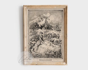 Impresión de ilustración vintage de Peter Pan Neverland / Arte mural con escena de libro clásico / Decoración de cuentos de hadas en blanco y negro / Impresiones de mapas de libros