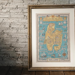May include: A framed vintage map of Treasure Island, featuring a detailed illustration of the island with surrounding waters and various landmarks. The map is printed on a light blue background with brown and yellow accents.