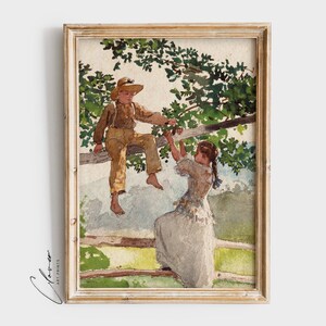 Vintage Watercolor Painting of Kids Hanging on Tree | Whimsical Digital Art Print | Nursery Wall Decor | Kids Room Artwork