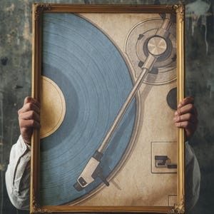 May include: A framed print featuring a vintage-style illustration of a record player. The artwork showcases a blue vinyl record and a beige background, all within a gold-colored ornate frame. The image is held by a person.