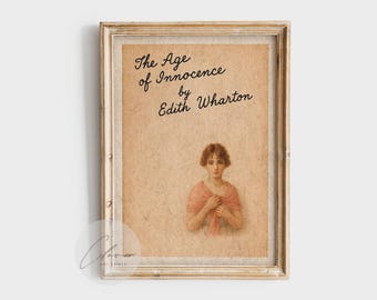 May include: Framed vintage print of "The Age of Innocence" by Edith Wharton. The artwork features a portrait of a woman in a pink shawl. The print is set in a distressed, light-colored wooden frame, creating a classic aesthetic.