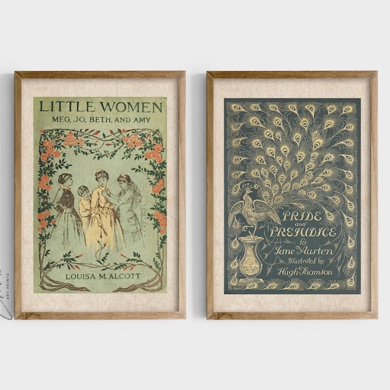 Little Women & Pride and Prejudice Book Cover Art Print | Set of 2 | Bookish Gift for Book Lovers and Bookworm | Vintage Digital Printable