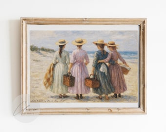 May include: A framed print showing four figures in dresses and straw hats, walking on a sandy beach towards the sea. Each figure carries a basket. The artwork is in a vintage style, with soft colours and a serene atmosphere.