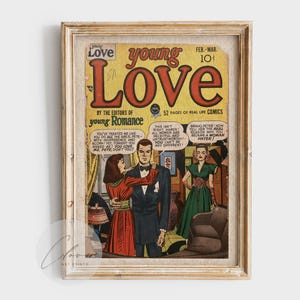 Młoda miłość retro komiks okładka druk | Zabawny komiks romantyczny sztuka ścienna | Vintage Pop Art para plakat dla miłośników książek lub sztuki | Retro wystrój