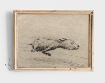 Cute Dog Sketch Vintage Art for Dog Lovers | Running Terrier Drawing | Minimalist Animal Etching Print | Antique Puppy Wall Decor Artwork