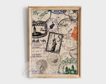 Vintage Travel Stamp Wall Art | World Postmark Print | Retro Wanderlust Decor | Global Adventure Passport Stamp Poster | Nostalgic Prints