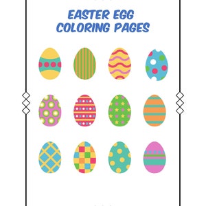 May include: A set of 12 Easter egg coloring pages featuring different patterns and colors. The eggs are arranged in three rows of four. Each egg has a unique design, including polka dots, stripes, stars, and geometric shapes.