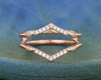 Vintage Moissanite Double curved Wedding band rose gold Art deco Matching Stacking diamond wedding ring  Anniversary ring gift for her