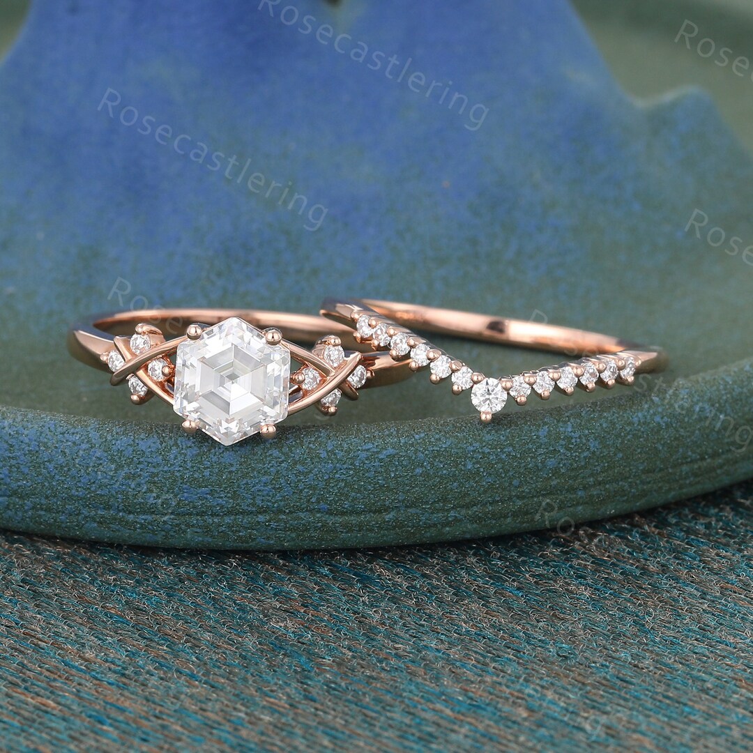 Hexagon Moissanite Engagement Ring Set Vintage Rose Gold Ring Diamond