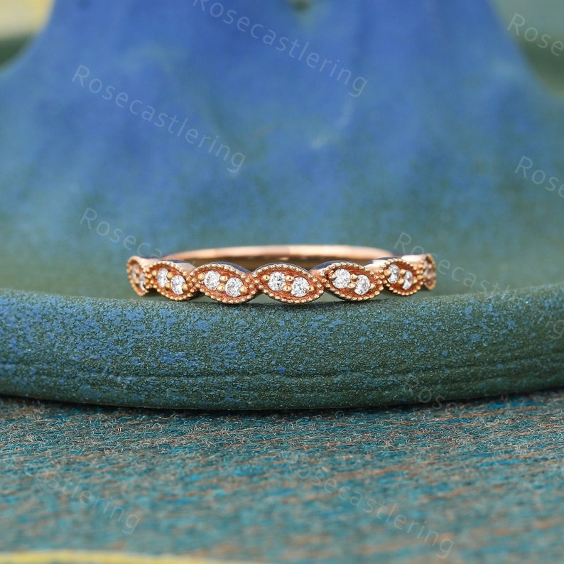 Vintage Diamond Wedding band rose gold women ring Dainty Art deco milgrain Matching Stacking bandwedding ring Promise Anniversary ring image 1