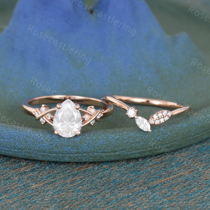 Pear Moissanite engagement ring set rose gold ring set Art image 1