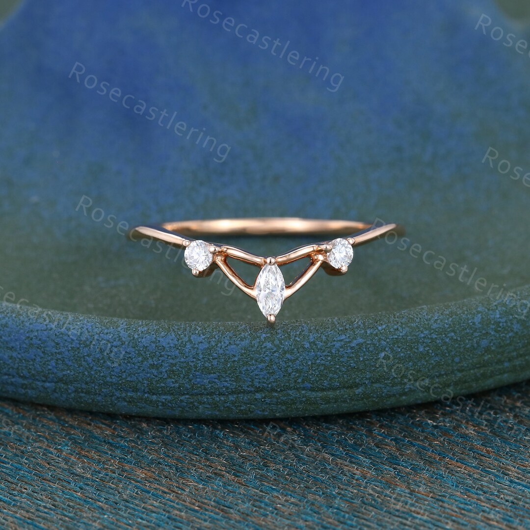 Marquise Cut Moissanite Curved Wedding Band Rose Gold Diamond Art Deco ...