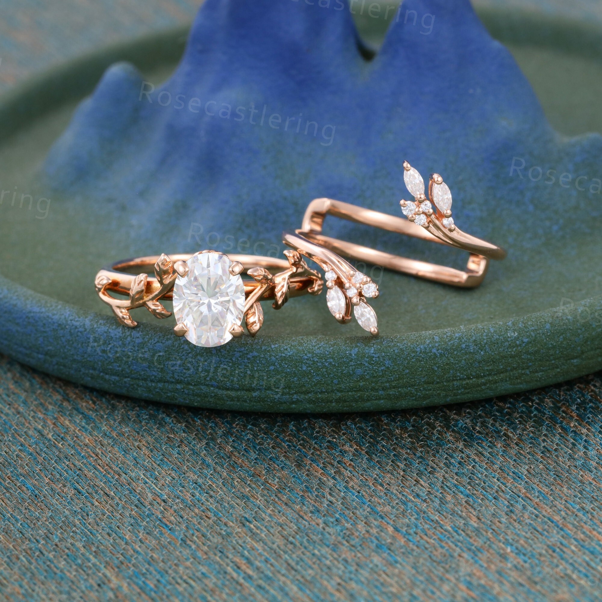 Vintage Moissanite Engagement Ring Set Rose Gold Leaf Art Deco