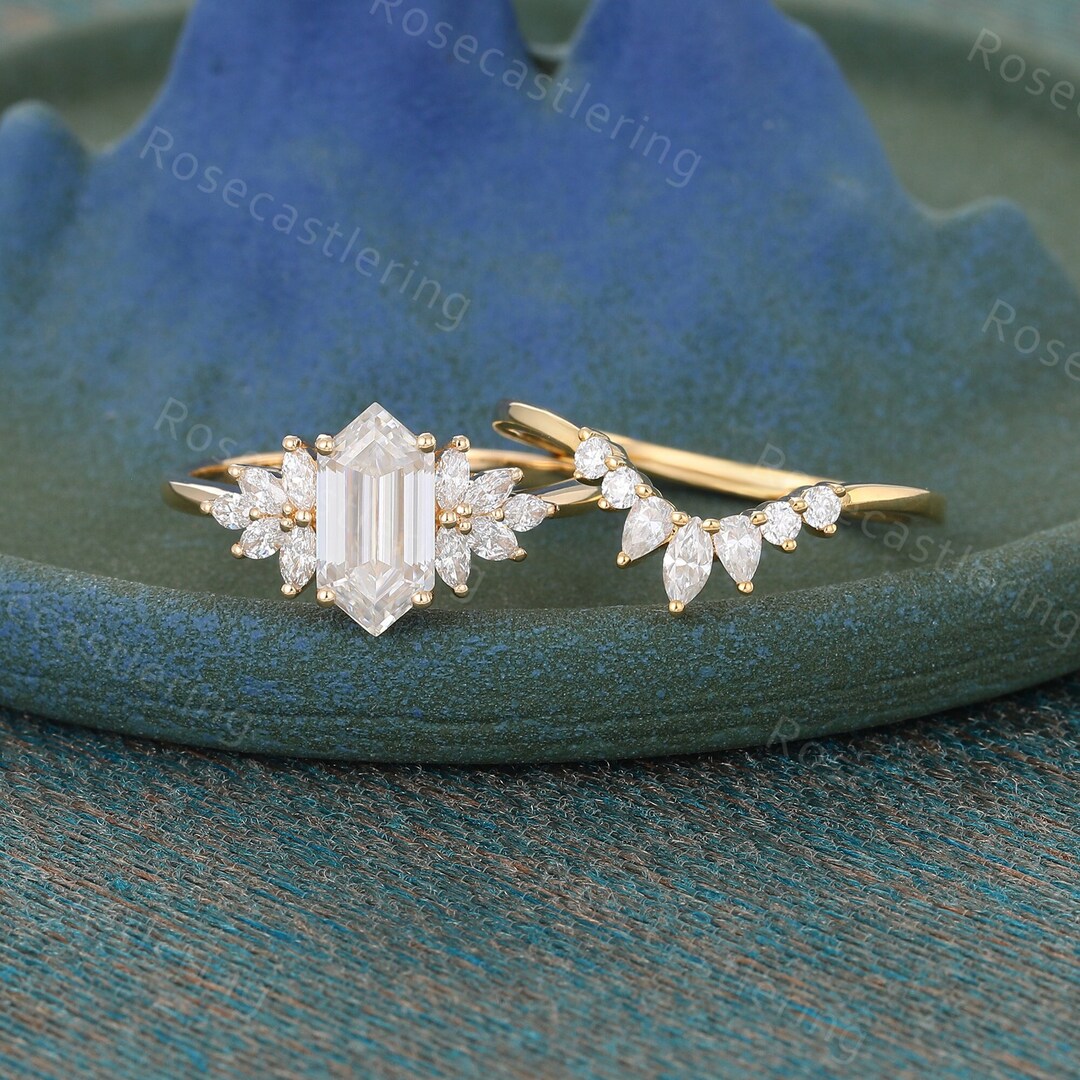 Long Hexagon Moissanite Engagement Ring Set Vintage Marquise Yellow