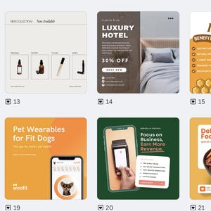 May include: A collage of nine images showcasing various products and services. The images include a hotel room, honey, a flash sale, project methodologies, a pet wearable, a business card, a food menu, a serum, and a skincare routine.