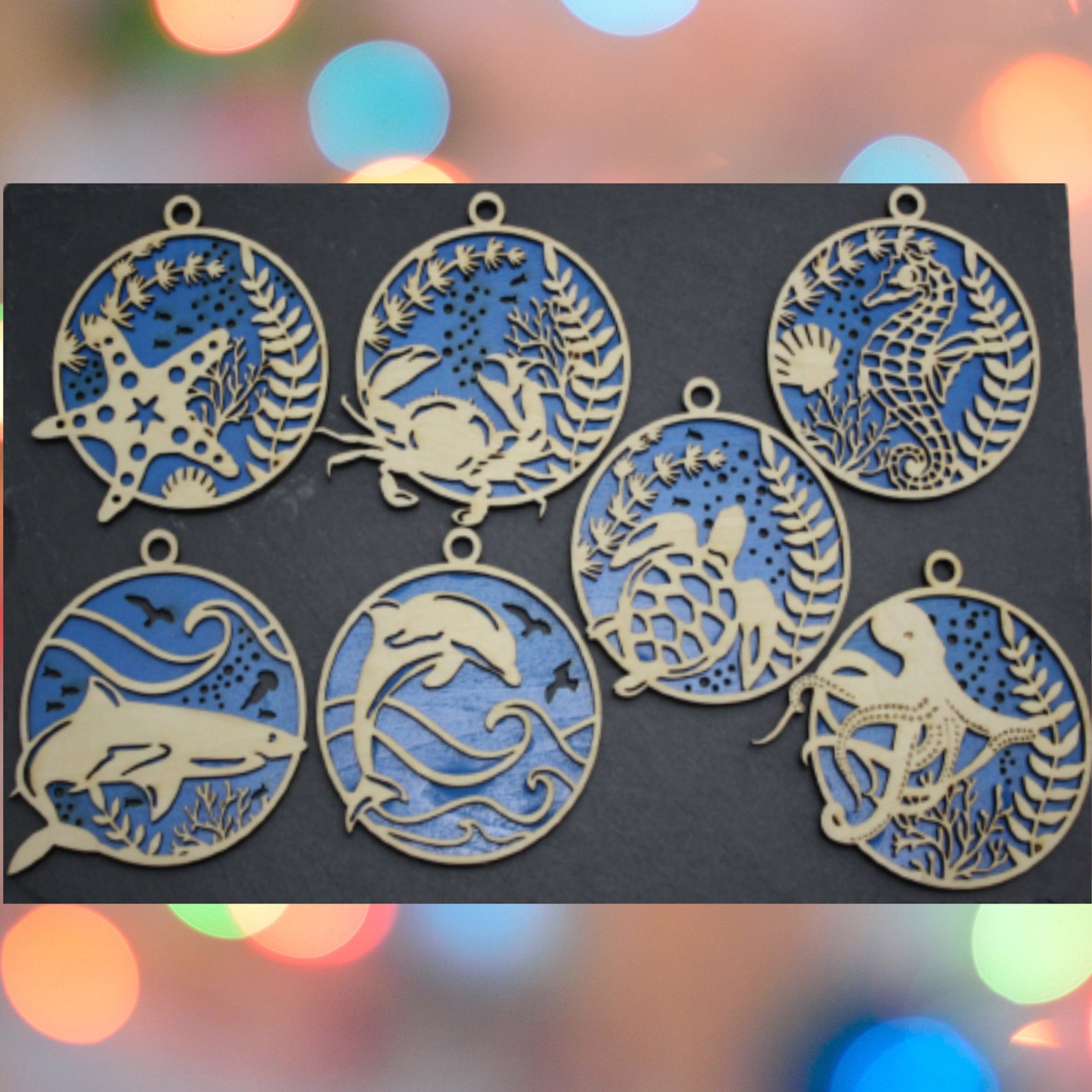 Sea Life Christmas Ornaments – Natural Wood Sea Creatures, Personalized