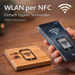 Op de afbeelding: Een houten vierkant met een smartphone en een Wi-Fi-symbool staat naast een smartphone met een Wi-Fi-pictogram. De tekst bovenaan luidt "WLAN per NFC" en de tekst hieronder luidt "Einfach tippen. Verbunden. Ohne Passwort."