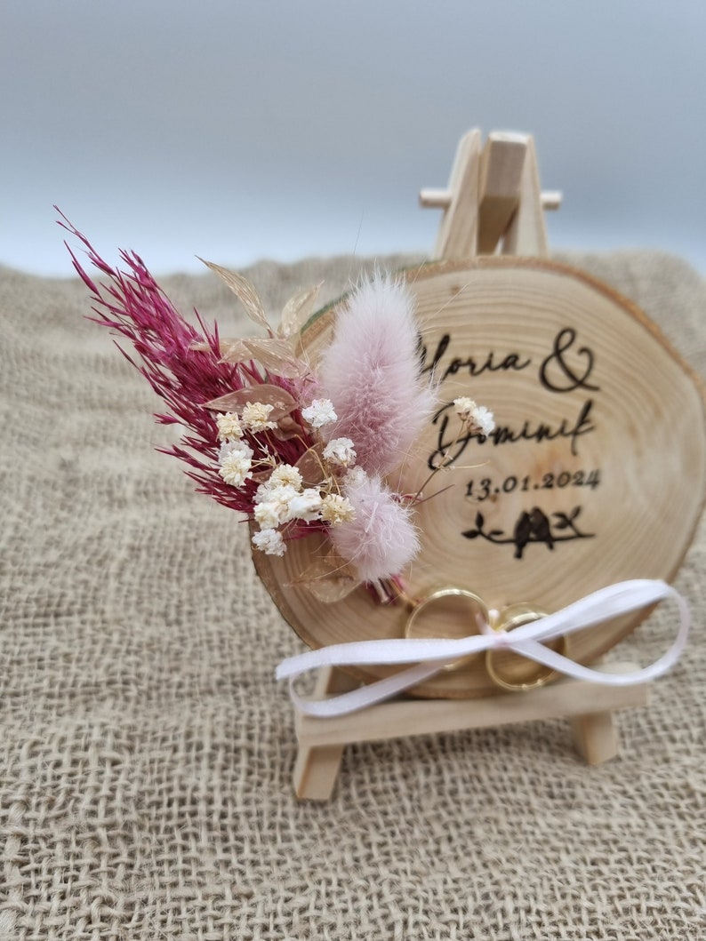 Ringkissen aus Holz mit Trockenblumen Baumscheibe Hochzeit Geschenk zum Jubiläum Trauringhalter mit Trockenblumen zdjęcie 8