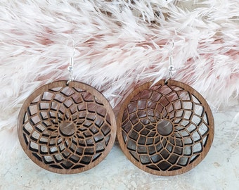 Orecchini in legno | Orecchini Mandala Pattern | Orecchini geometrici | Orecchini Circolari Legno | Orecchini sospesi in legno