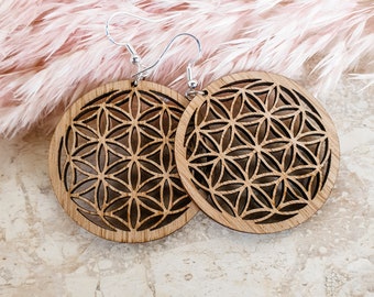 Houten oorbellen | Flower of Life | Geometrische oorbellen | Ronde oorbellen houten | Hangende oorbellen hout