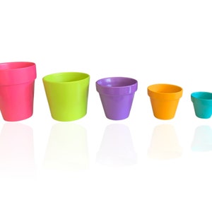 May include: Five colorful plastic flower pots of different sizes. The pots are pink, green, purple, orange, and blue.