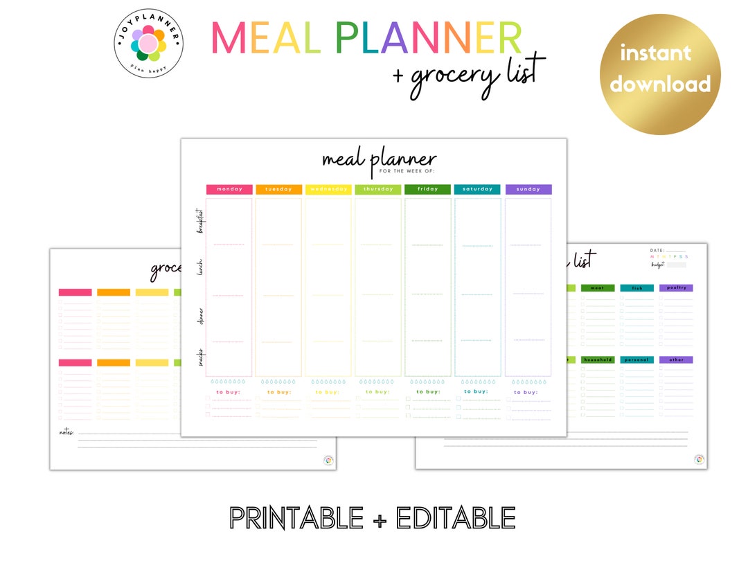 Printable Weekly Meal Planner + Grocery List | Digital Download ...