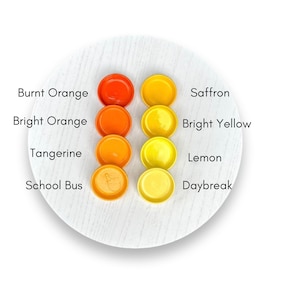 May include: A set of six paint samples in various shades of orange and yellow. The colors are labeled from left to right: Burnt Orange, Bright Orange, Tangerine, School Bus, Saffron, Bright Yellow, Lemon, and Daybreak.