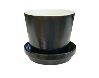 Hand Painted Terracotta Planter Set: Black & White Pot with Drainage