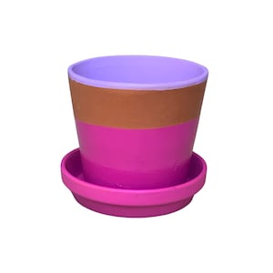 May include: A small terracotta planter with a purple, orange, and pink paint design. The planter has a matching saucer.