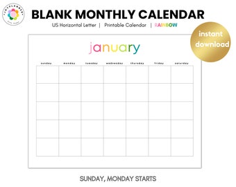 Lege maandelijkse afdrukbare regenboogkalender | Digitale maandplanner | Direct downloaden | Bureaukalender | Minimalistische kalender